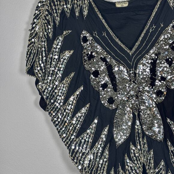 Vintage Silk Butterfly Sequin Top Black & Silver Women’s Size M New Years Eve - Picture 7 of 15